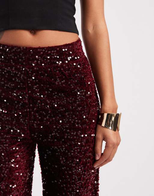 Pieces wide leg velour sequin pants in burgundy, 4 of 5