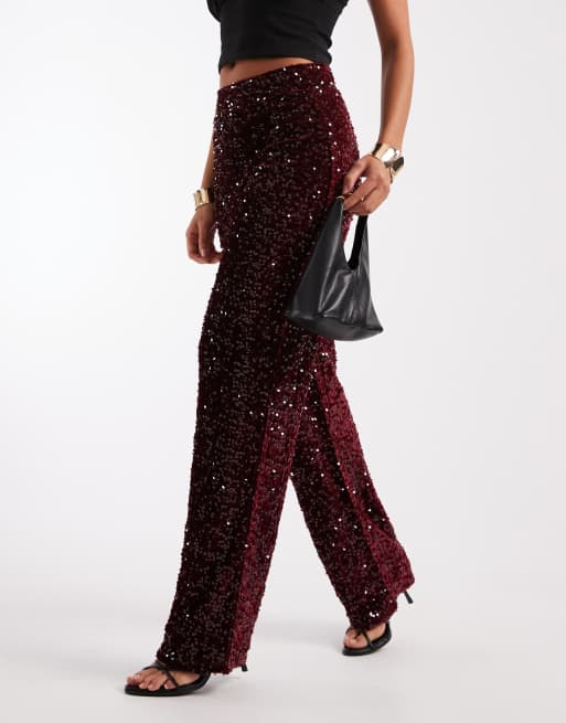 Pieces wide leg velour sequin pants in burgundy