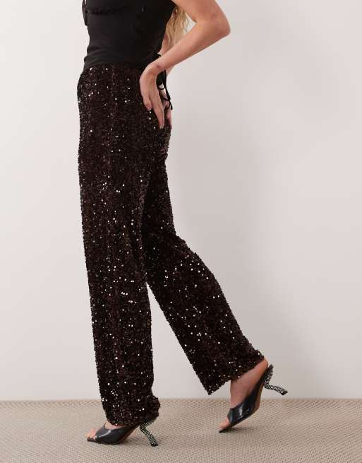 Pieces wide leg velour sequin pants in chocolate brown, 2 of 5
