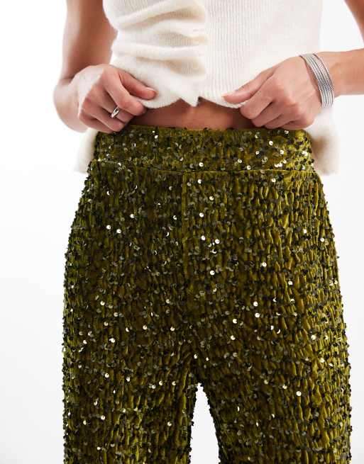 Pieces wide leg velour sequin pants in olive green