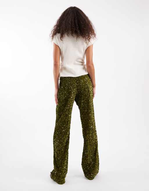 Pieces wide leg velour sequin pants in olive green