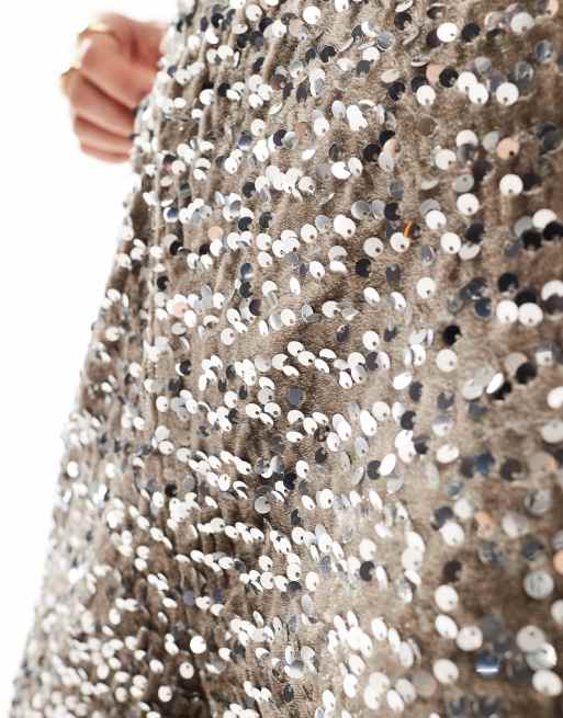 Pieces wide leg velour sequin pants in taupe