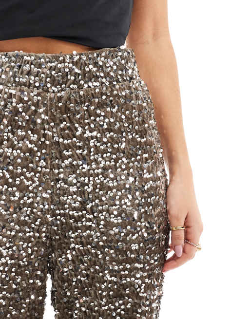 Pieces wide leg velour sequin pants in taupe