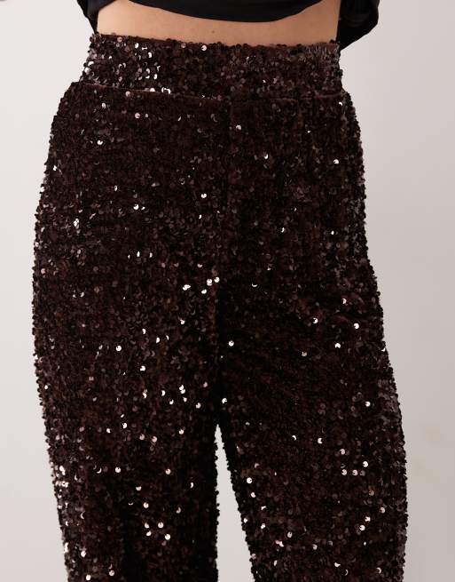 Pieces wide leg velour sequin trousers in chocolate brown, 5 of 5