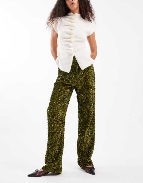 Pieces wide leg velour sequin trousers in olive green - view 1