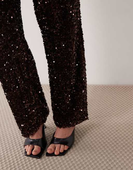 Pieces Wide-Leg-Velours-Hose mit Pailletten in Schokobraun, 3 von 5