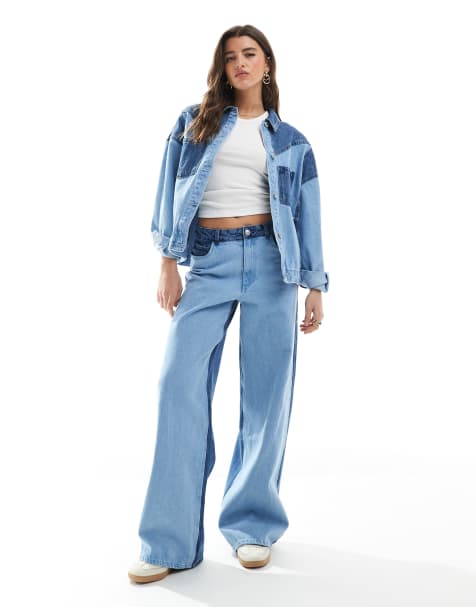 Pieces wide leg western detail jeans in light blue wash - part of a set - view 1