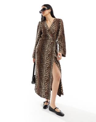 Pieces wide sleeve wrap midi dress in leopard print-Brown