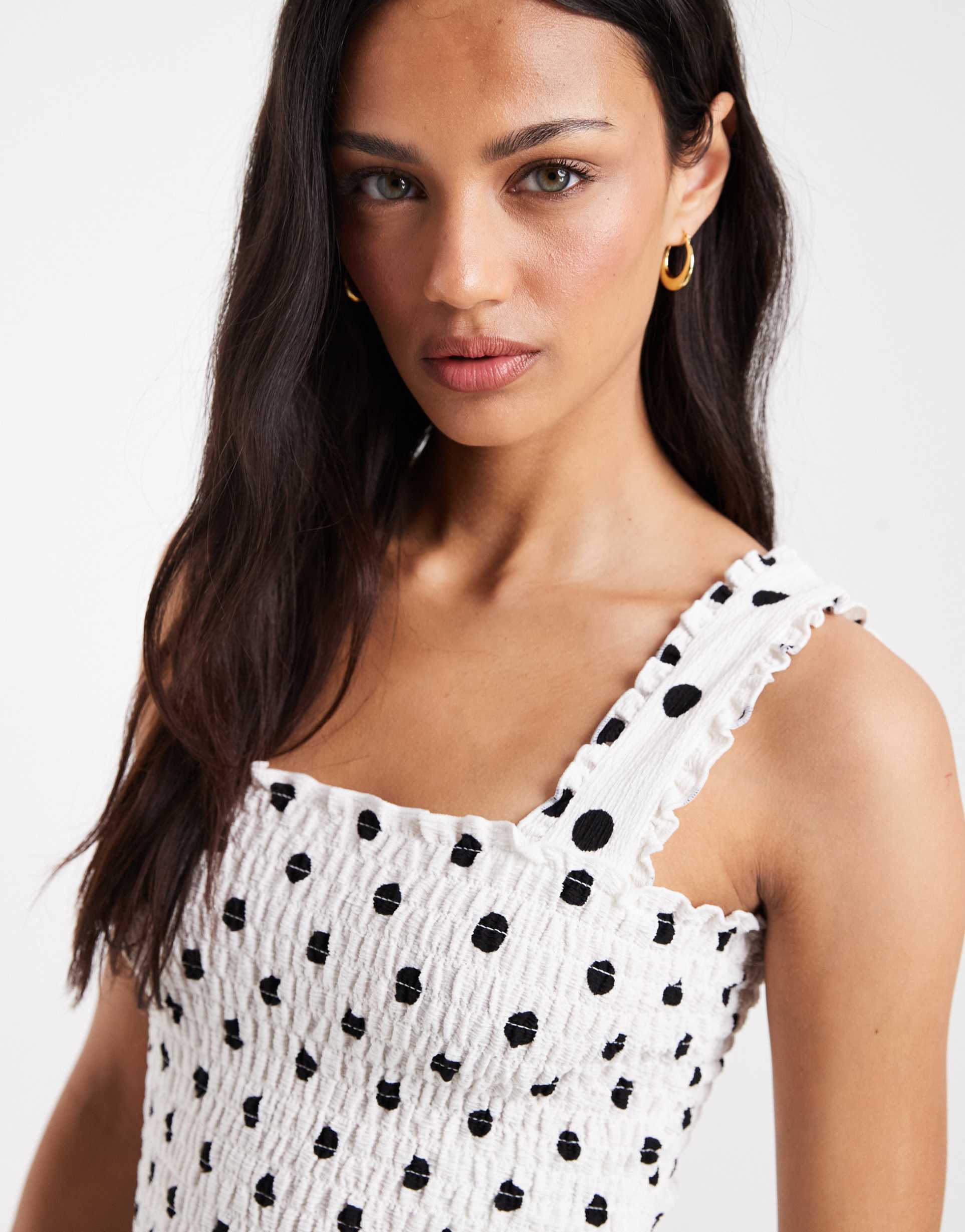 pieces wide strap smock top in white and black polka dot