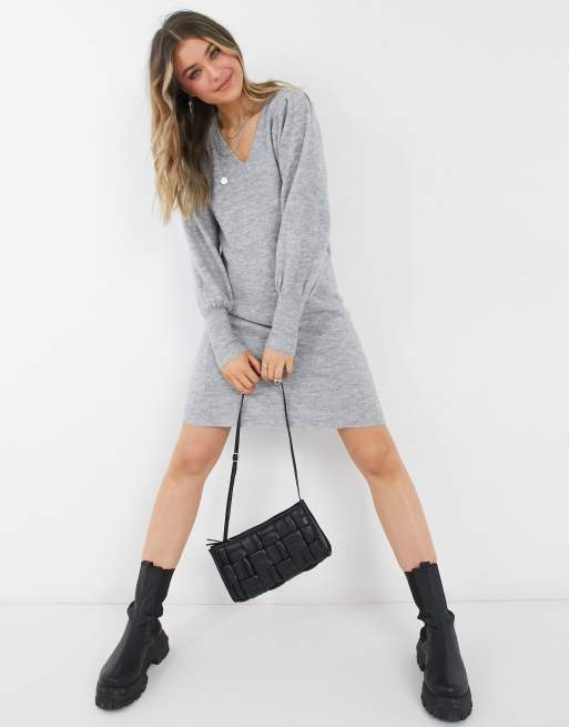 Pieces wool mix sweater dress with deep cuffs and v neck in gray