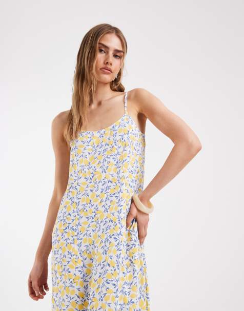 PIECES woven cami maxi dress in blue and yellow lemon print - view 1