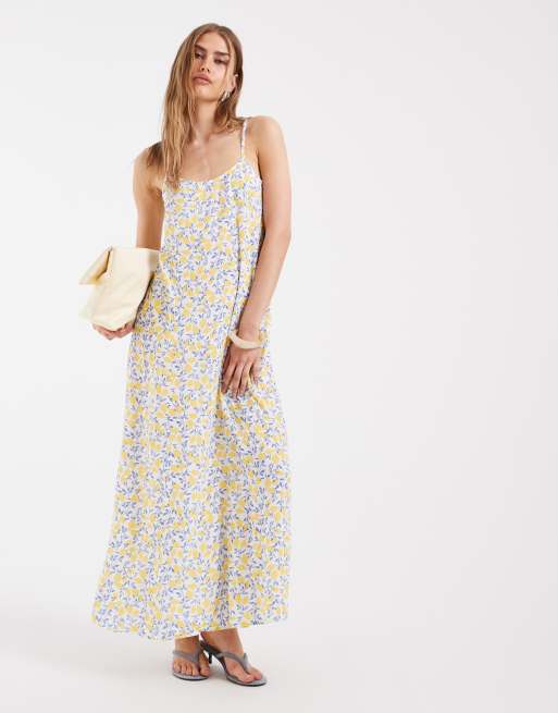 Pieces woven cami maxi dress in blue and yellow lemon print, 2 of 4
