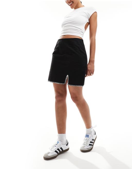 Pieces woven mini skirt with contrast stitching in black ASOS