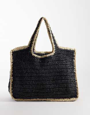 Pieces Woven Straw Beach Bag In Black