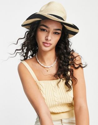Pieces woven sun hat in natural black stripe