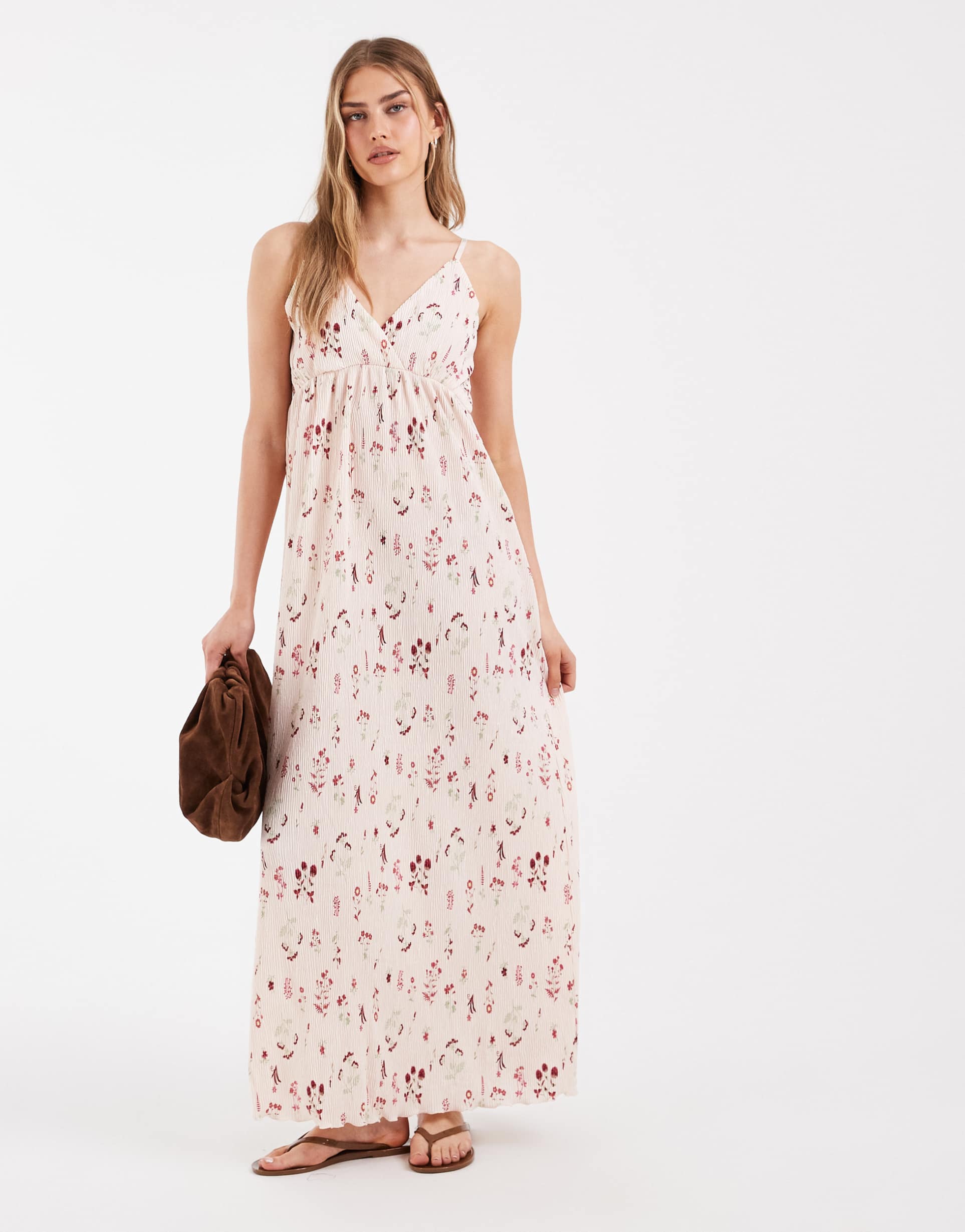 pieces wrap detail cami plisse maxi dress in pale pink floral print
