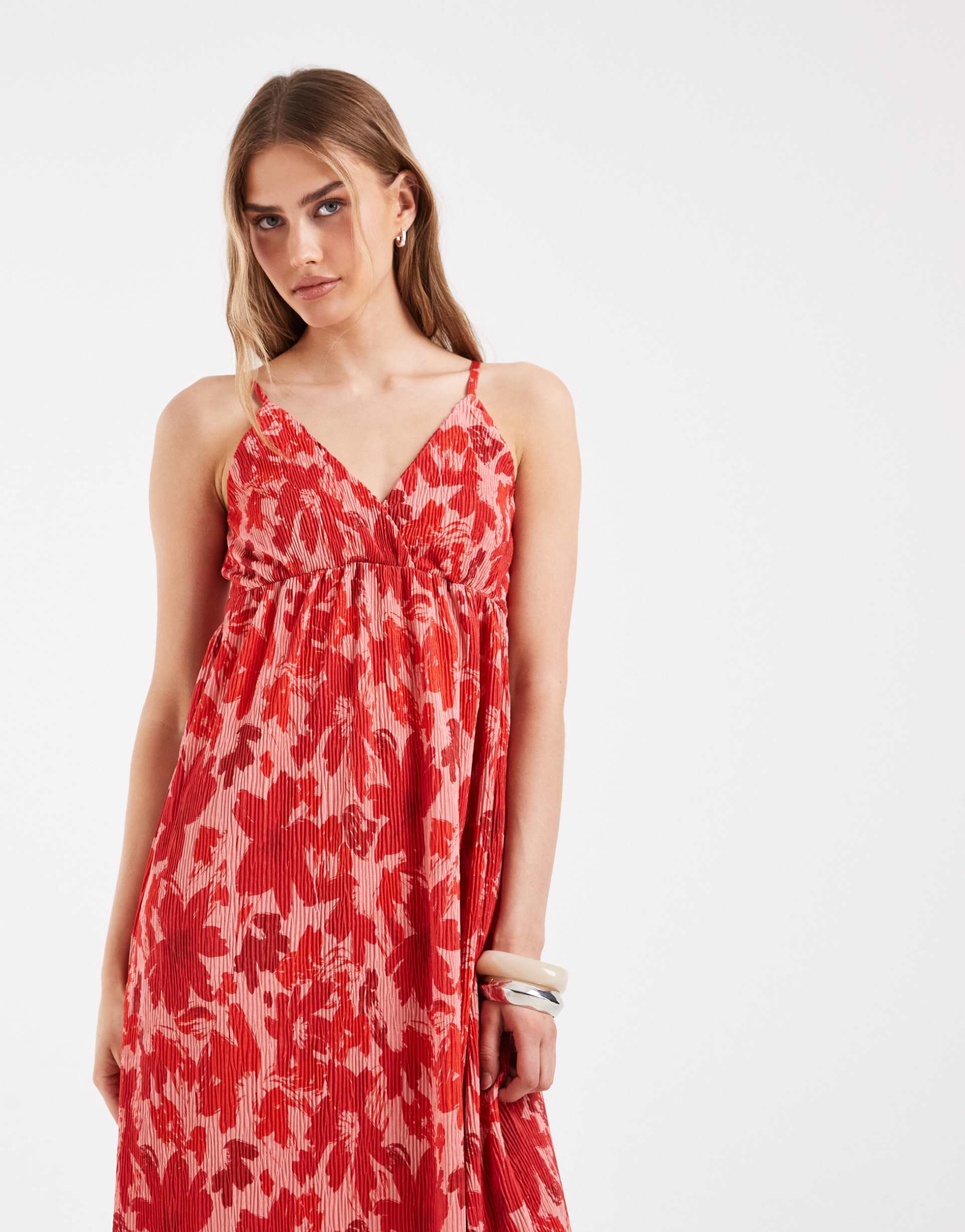 pieces wrap detail cami plisse maxi dress in pink and red floral print