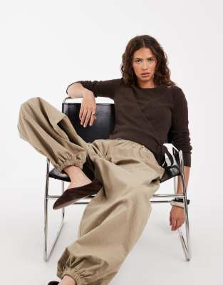 Pieces Wrap Detail Multi Layer Knit Top In Brown