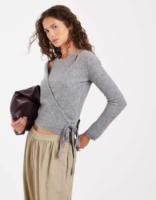 Pieces Wrap Detail Multi Layer Knit Top In Gray