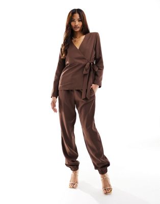 Pieces wrap front blazer co-ord in chocolate brown - ASOS Price Checker