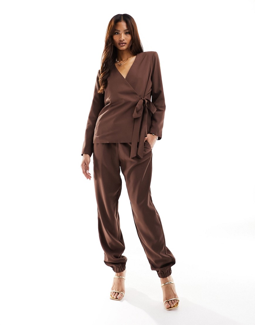 Pieces wrap front blazer co-ord in chocolate brown