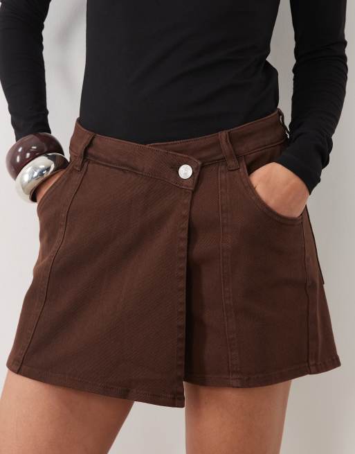 Pieces wrap front denim skort in coffee brown, 2 of 5