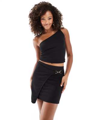 wrap front gold buckle detail mini skirt in black - part of a set