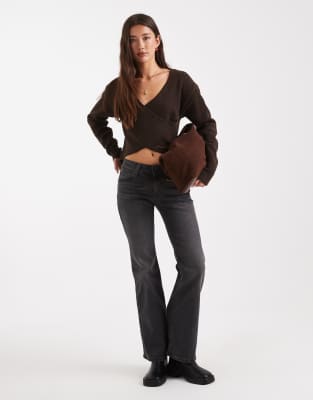 Pieces Wrap Front Knit Sweater In Brown