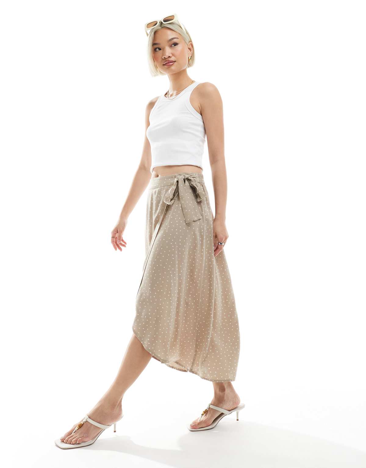 Pieces wrap midi skirt in crockery beige spot print