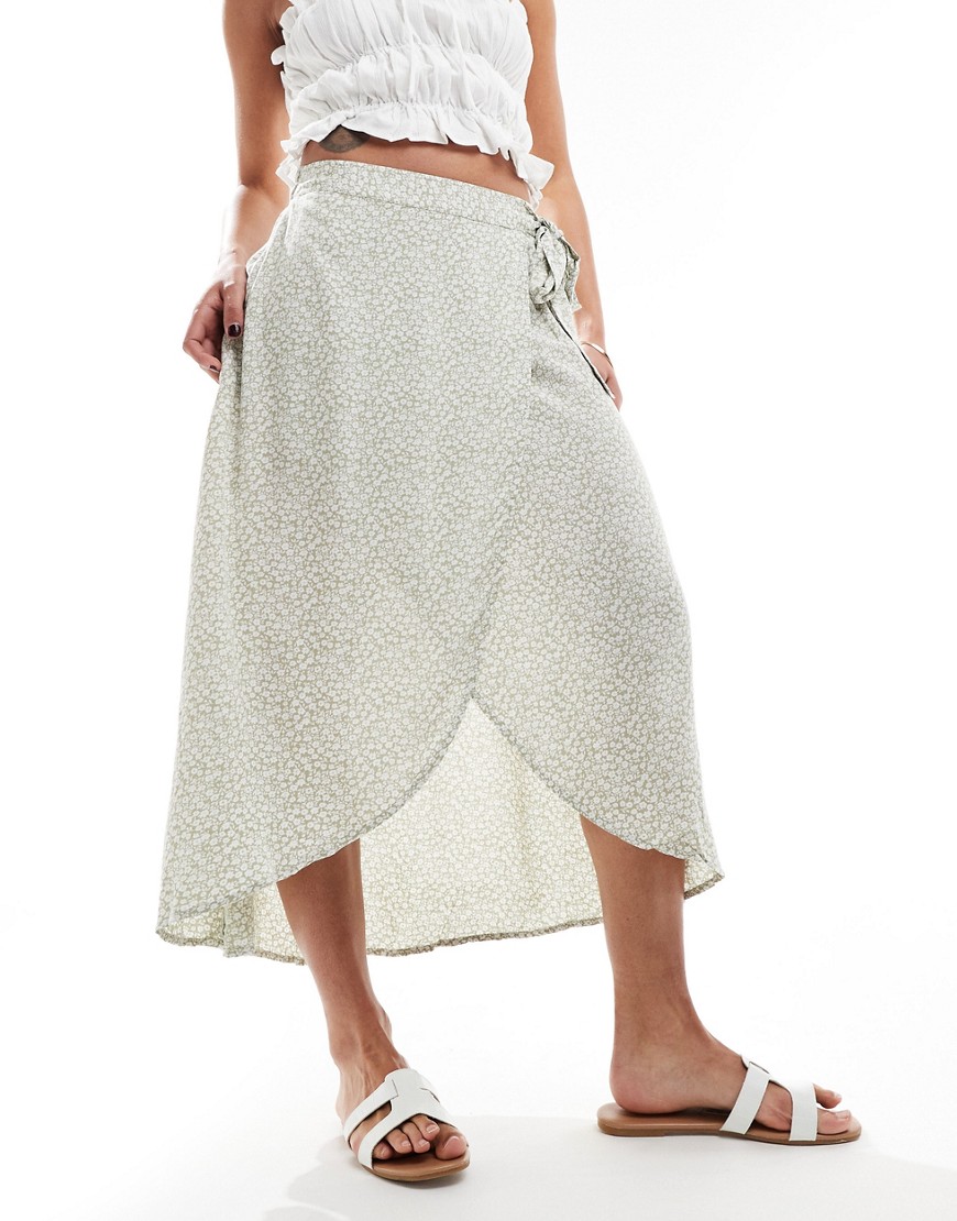 Pieces wrap midi skirt in green floral print