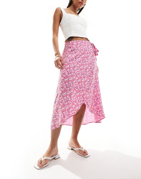 Pieces wrap midi skirt in pink floral - view 1