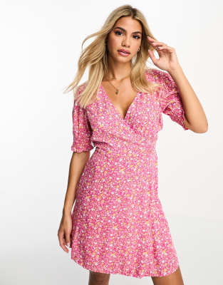 Pink Printed Wrap Style Mini Dress With Ruched Detailing