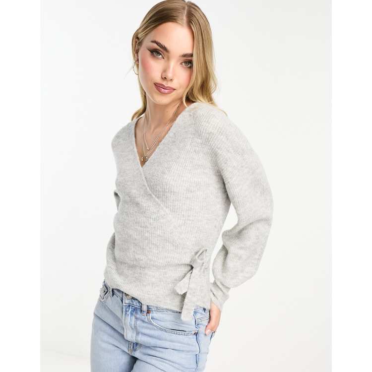 Pieces wrap sweater with tie in gray