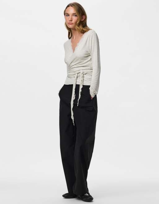 Pieces Wrap top in light grey melange1, 3 of 5