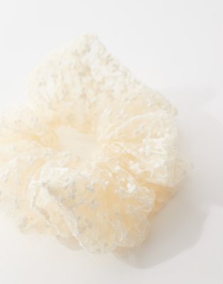 Shop Pieces Xl Floral Embroidered Mesh Scrunchie In White