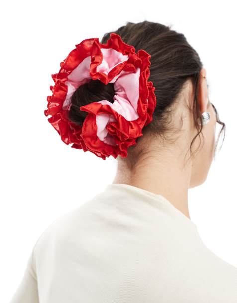 PIECES XL ruffle trim scrunchie in pink and red - view 1