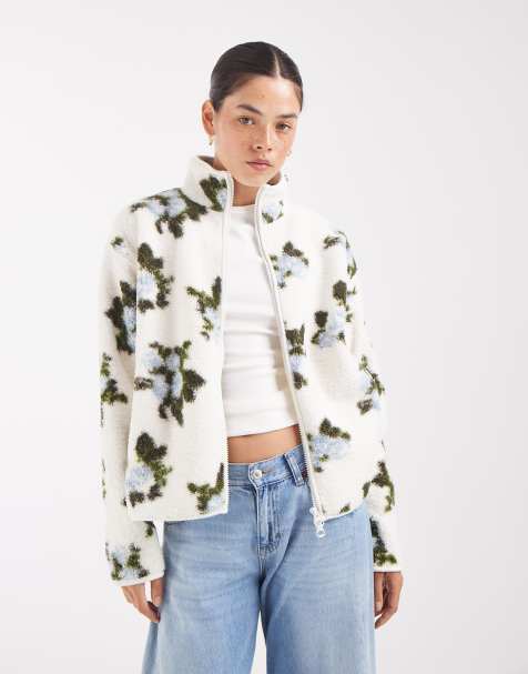 Pieces zip front floral print teddy jacket in white  - view 1