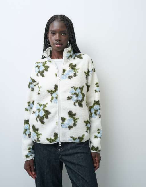 Pieces zip front floral print teddy jacket in white , 2 of 4