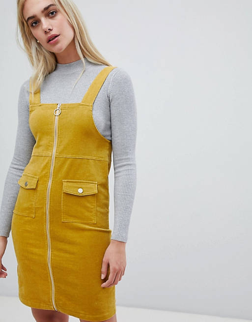 Pieces zip front pinafore mini dress in yellow