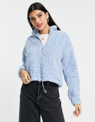 Pieces zip front teddy sweatshirt in blue