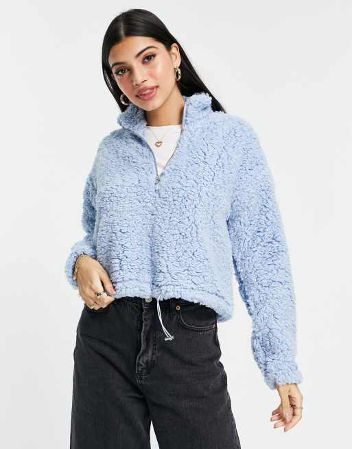 Pieces zip front teddy sweatshirt in blue | ASOS