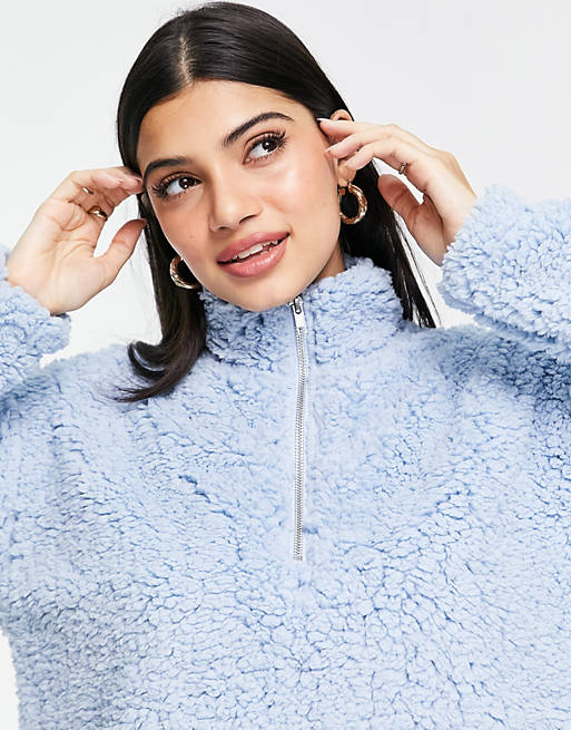 Women Pieces zip front teddy sweatshirt in blue 