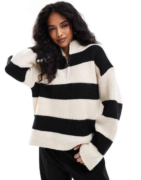 Pieces zip high neck jumper in wide mono stripe - view 1