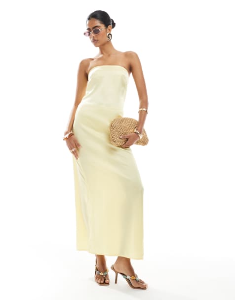 Pieces – Żółta satynowa sukienka maxi z dekoltem bandeau - view 1