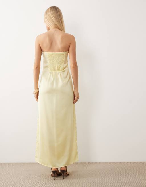 Pieces – Żółta satynowa sukienka maxi z dekoltem bandeau, 4 z 4