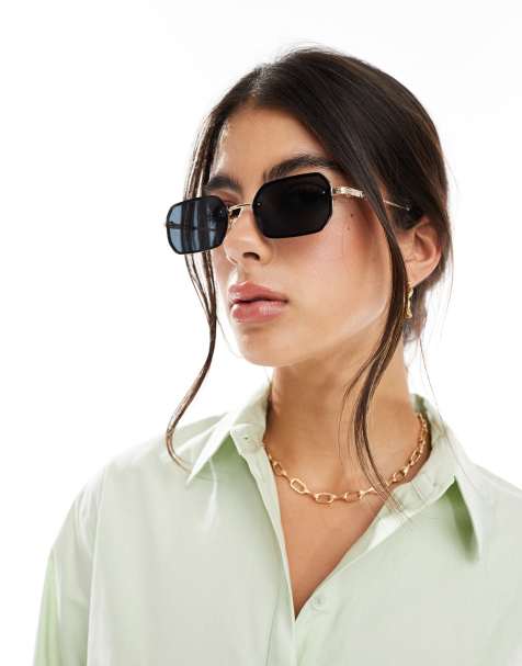 Pieces – Złote okulary przeciwsłoneczne z czarnymi soczewkami w stylu retro - view 1