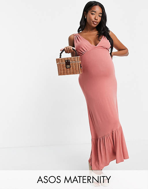 Pieces - Zwangerschapskleding - Lange jurk met strik achter in roze 