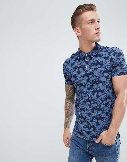 Pier One Polo Shirt With Palm Tree Print In Blue | ASOS