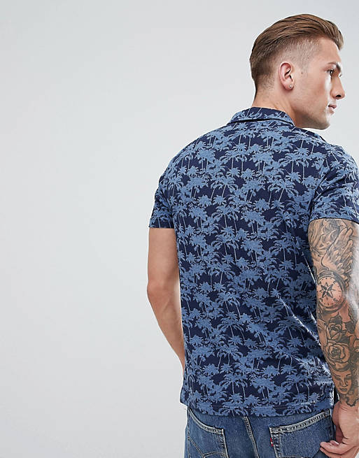 De databank Zeggen been Pier One Polo Shirt With Palm Tree Print In Blue | ASOS