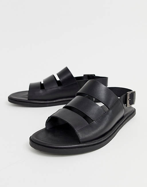 Pier One strap sandals in black leather | ASOS
